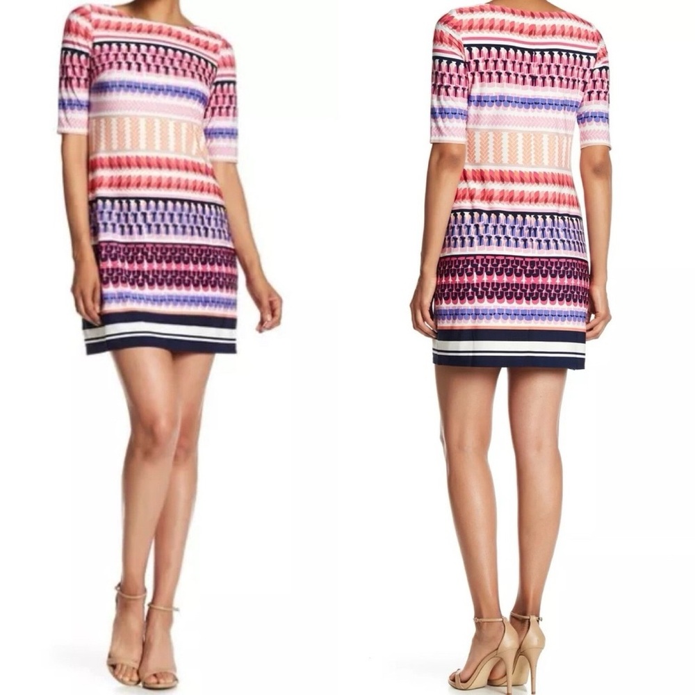 ELIZA J Geometric Print Short Sleeve Pullover Shift Dress Size 14